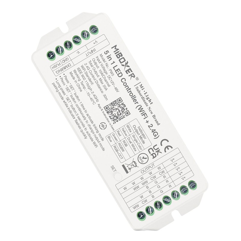 Contrôleur Bandeau 5 en 1 (W/CCT/RGB/RGBCCT) WiFi 20A PW5